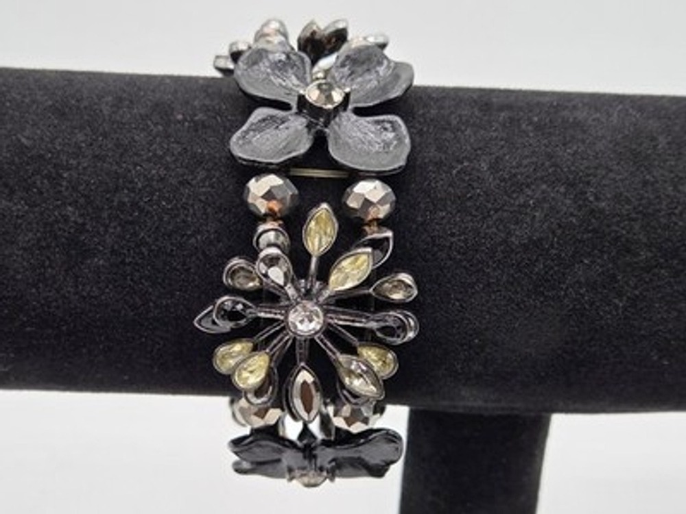 Black Rhinestone Floral Stretch Bracelet Gunmetal Statement Flower Beaded...